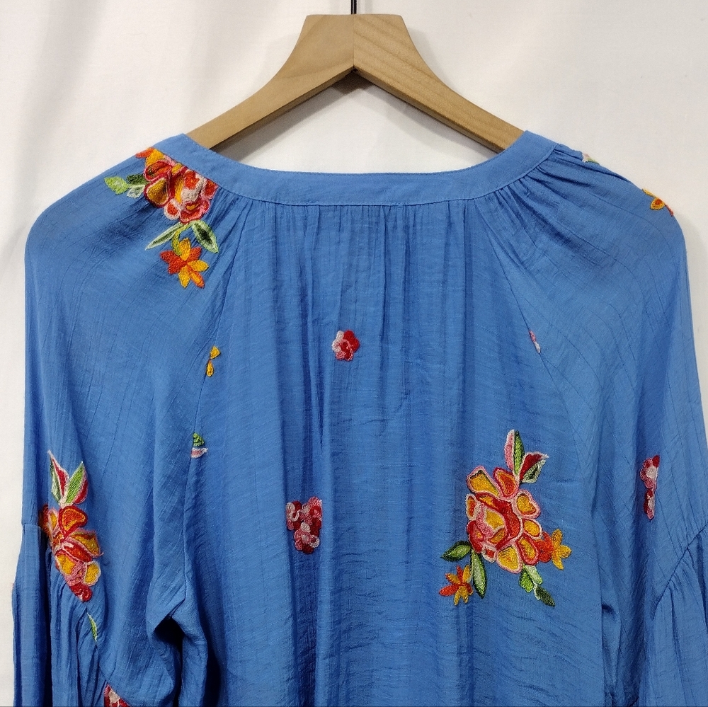Figueroa & Flower Embroidered Papaya Floral Gauze Blouse Womens M Blue Artsy - Picture 8 of 10